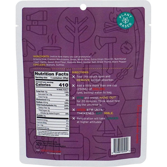 Back of the Good To-Go Herbed Mushroom Risotto package showing nutrition facts and directions on a purple background.