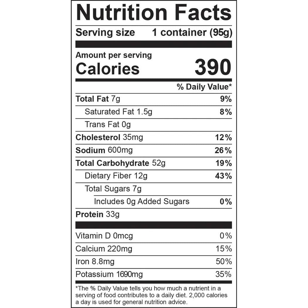 A top-down shot of the Good To-Go White Bean Chicken Chili nutrition label showing serving size and calorie info.