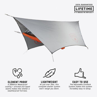 A top-down view of the Grand Trunk Air Bivy All-Weather Shelter with its gray canopy and orange interior, displayed against a white background.