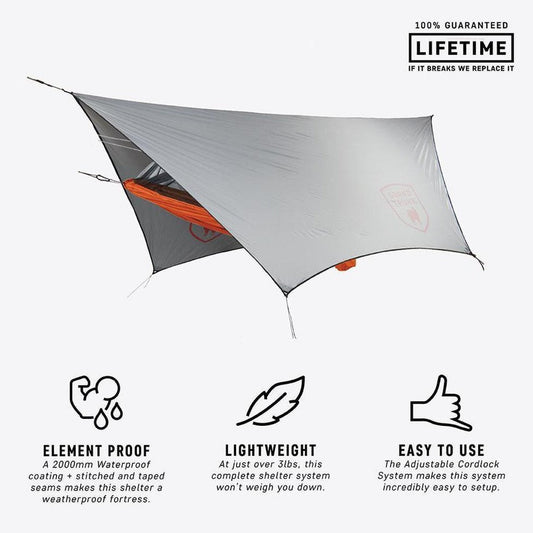 A top-down view of the Grand Trunk Air Bivy All-Weather Shelter with its gray canopy and orange interior, displayed against a white background.