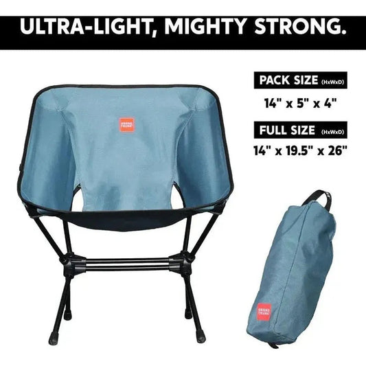 The Grand Trunk Caddis HD Chair in Storm Blue is shown in a front view with its pack size and full size dimensions displayed.