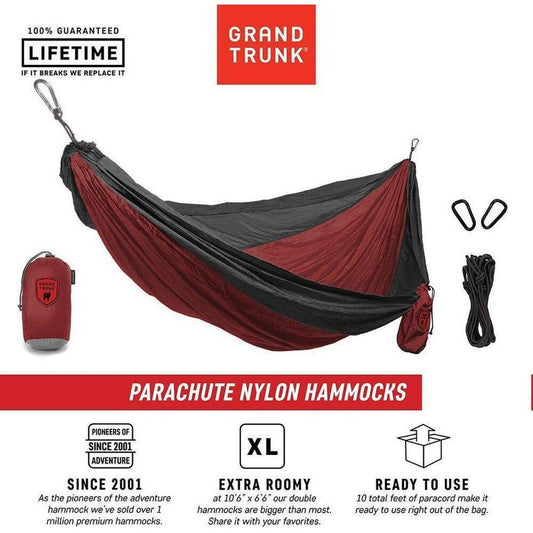 Grand Trunk Double Parachute Nylon Hammock with Straps-Camping - Tents & Shelters - Hammocks-Crimson/Charcoal-Appalachian Outfitters