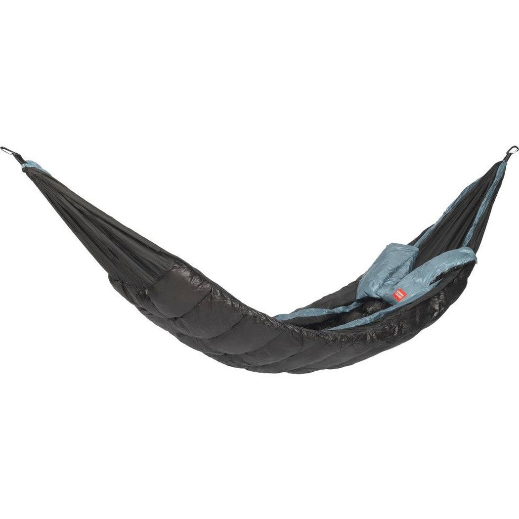 A side view of the Grand Trunk Evolution Down Hammock in Charcoal/Graphite with a blue sleeping bag inside against a white background.