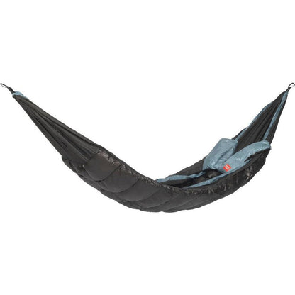 A side view of the Grand Trunk Evolution Down Hammock in Charcoal/Graphite with a blue sleeping bag inside against a white background.