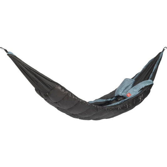 A side view of the Grand Trunk Evolution Down Hammock in Charcoal/Graphite with a blue sleeping bag inside against a white background.