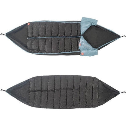 Top and bottom views of the Grand Trunk Evolution Down Hammock showing its quilted design and light blue accents against a white background.