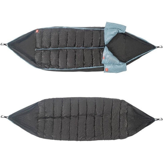 Top and bottom views of the Grand Trunk Evolution Down Hammock showing its quilted design and light blue accents against a white background.