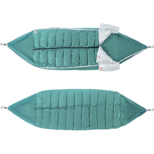 Top and bottom views of the Grand Trunk Evolution Synthetic Hammock in teal, showing the quilted design and hanging loops against a white background.
