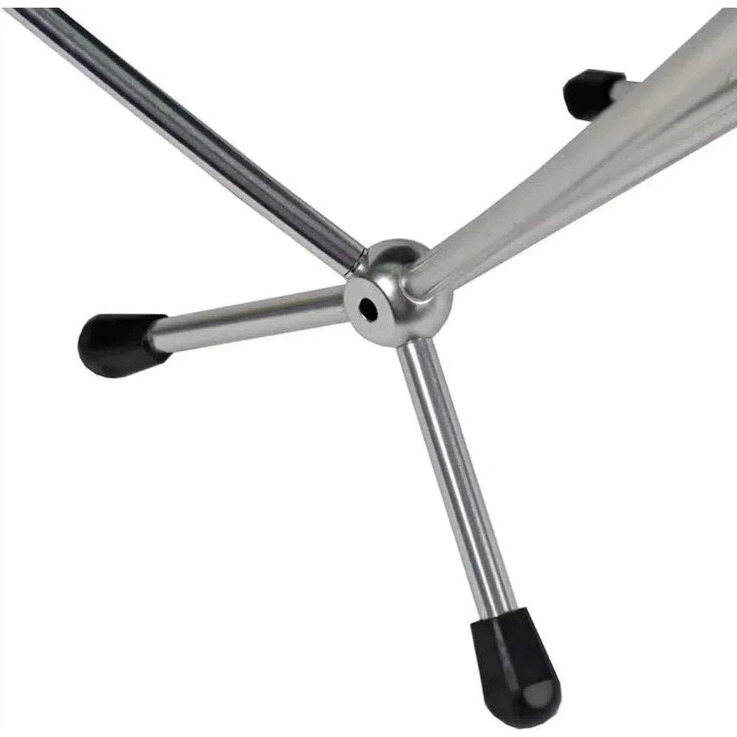 A close-up of the Grand Trunk Mantis chair's black metal tripod base with rubber feet against a white background.