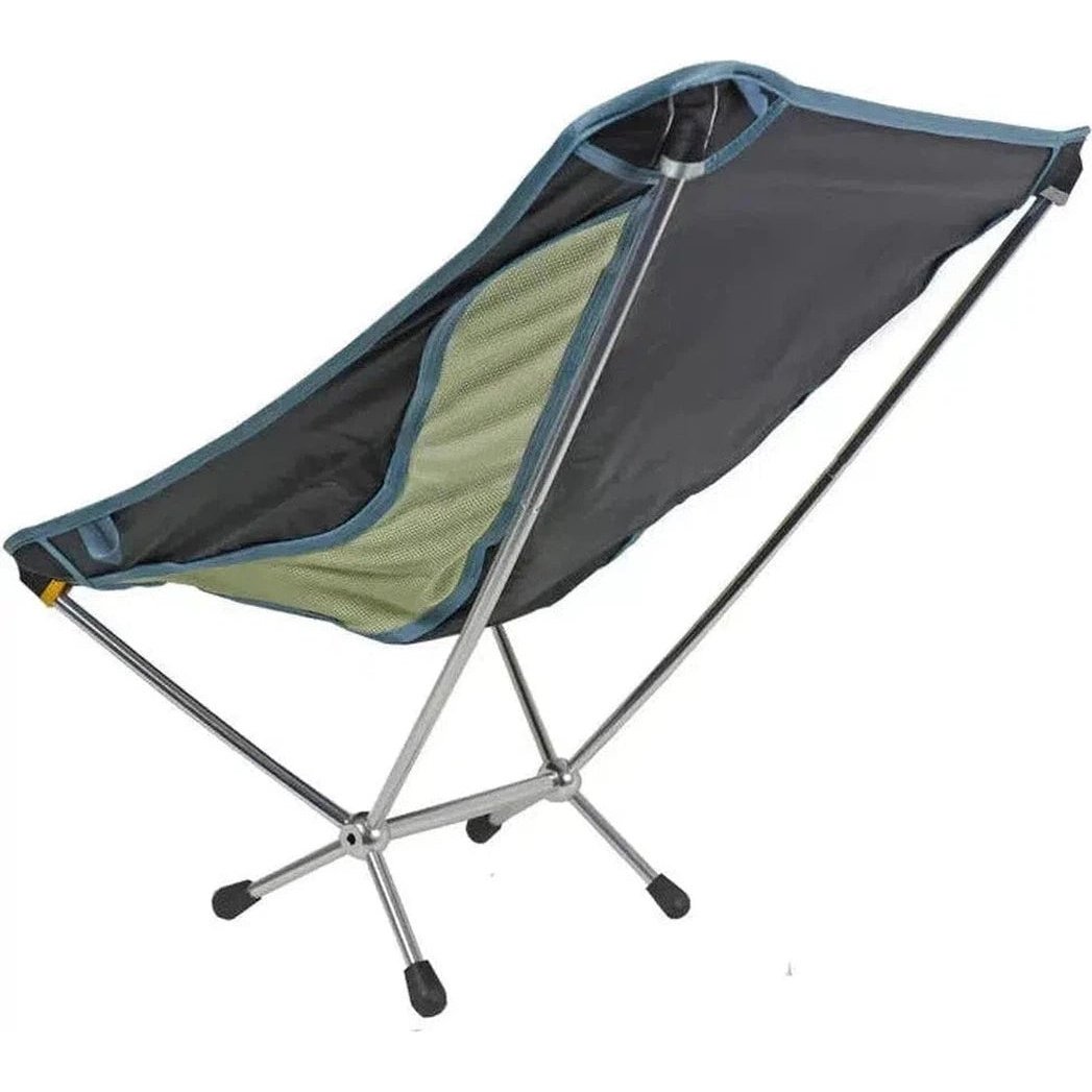 A side view of the Grand Trunk Mantis camping chair in Black with a gray frame and blue trim against a white background.