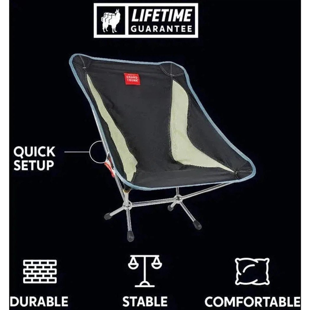 A black Grand Trunk Mantis camping chair with a Lifetime Guarantee, showing quick setup and durable/stable/comfortable features against a black background.