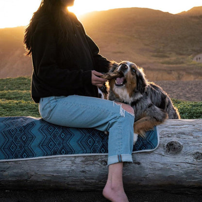 A woman sits on a log with her dog, wearing the Grand Trunk Meadow Mat Horizon, against a sunset landscape.