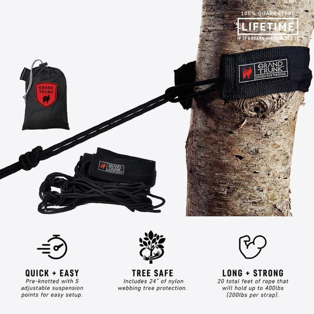 A Grand Trunk Tree Slings Hanging Kit photo shows the kit attached to a tree with a black bag and rope visible.