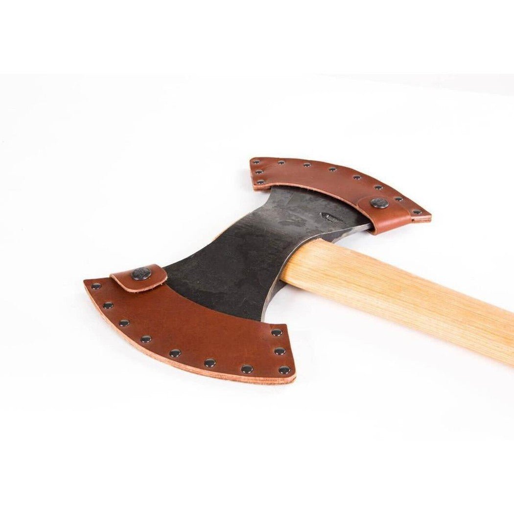 A side view of the Gransfors Bruk Double Bit Working Axe showing the charcoal/ graphite blade and wooden handle against a white background.