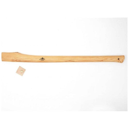 A long straight wooden handle for an American felling axe with a small tag visible below it against a white background.