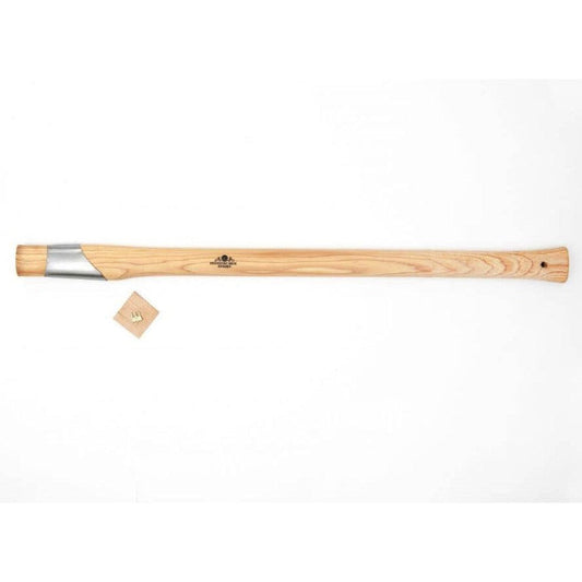 A long wooden Gransfors Bruk Handle for Long & Large Splitting Axe/Splitting Maul with a metal ferrule, shown from a straight-on angle against a white background.