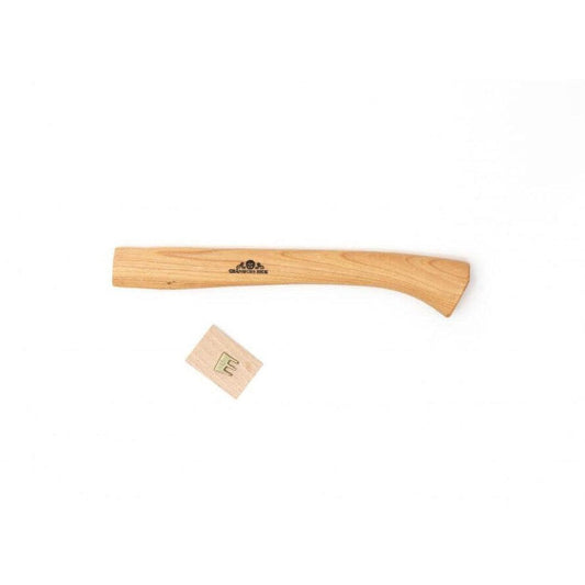 A natural wood Gransfors Bruk Handle for Mini Hatchet lies on a white background with a small wooden tag below it.