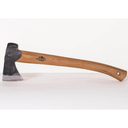 A side view of the Gransfors Bruk Hunter's Axe with a natural wood handle and charcoal-colored head against a white background.