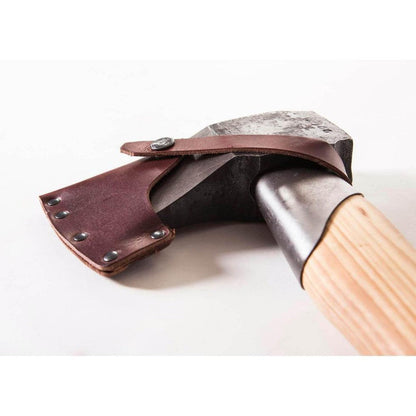 A close-up of the Gransfors Bruk Large Splitting Axe with a wooden handle and a brown leather sheath against a white background.