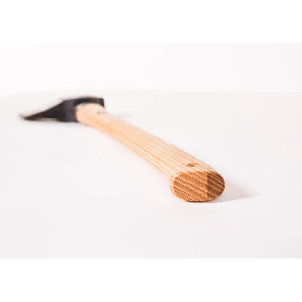 A close-up of the Gransfors Bruk Large Splitting Axe with a light wooden handle and black head, photographed from a low angle against a white background.