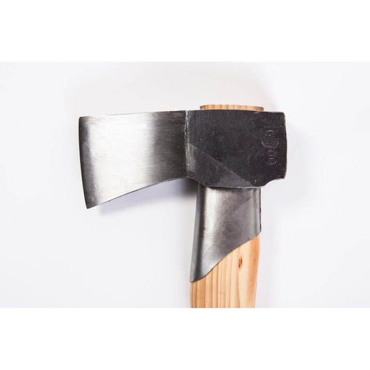 A close-up front view of the Gransfors Bruk Large Splitting Axe with a light wooden handle and a dark metal head against a plain white background.