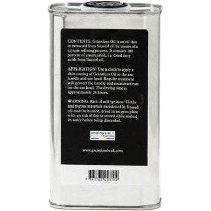 Back view of the Gransfors Bruk Oil can showing the black label with product details and a barcode against a white background.