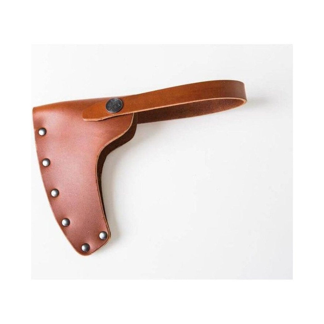 A brown leather Gransfors Bruk Sheath for American Felling Axe with a strap and metal rivets, photographed against a white background.