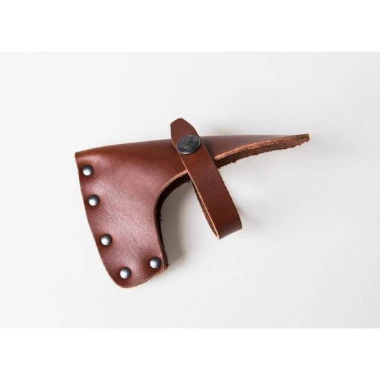 A brown leather Gransfors Bruk Sheath for Hand Hatchet with metal rivets and a strap, photographed against a white background.