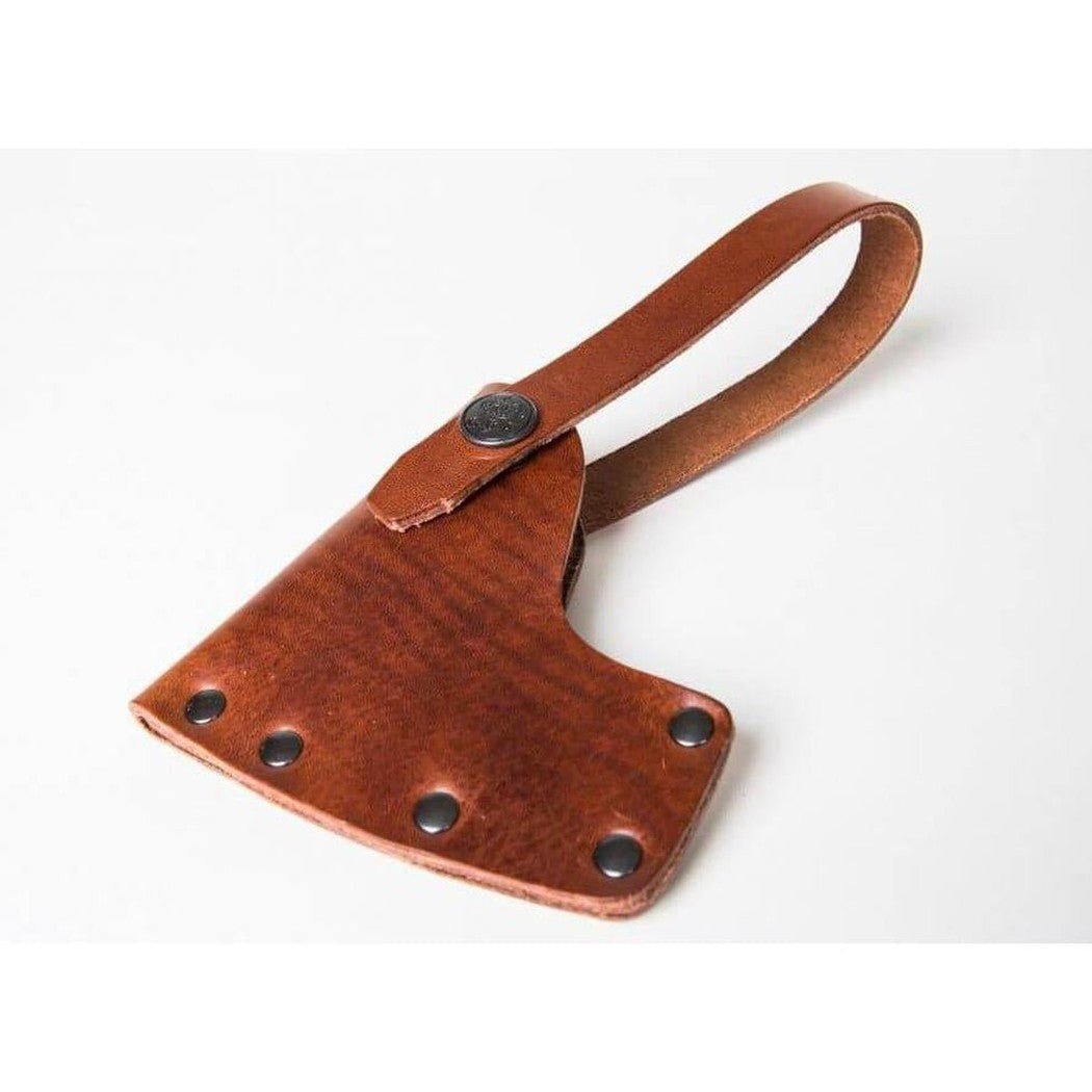 A brown leather Gransfors Bruk Sheath for Large Splitting Axe and Long & Large Splitting Axe with a strap and metal rivets, photographed against a white background.
