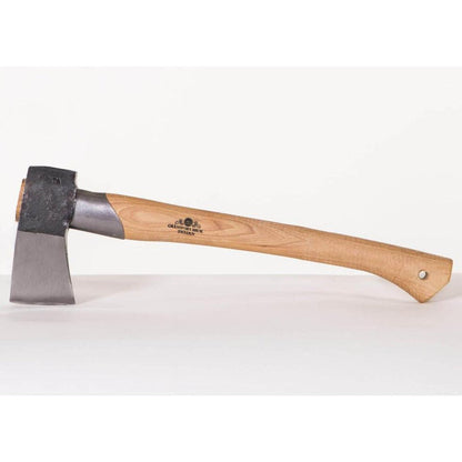 Side view of the Gransfors Bruk Splitting Hatchet with a natural wood handle and charcoal/gray metal head against a white background.