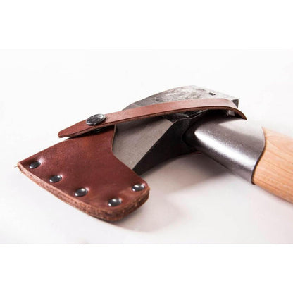 A close-up of the Gransfors Bruk Splitting Hatchet with its brown leather sheath and wooden handle against a white background.