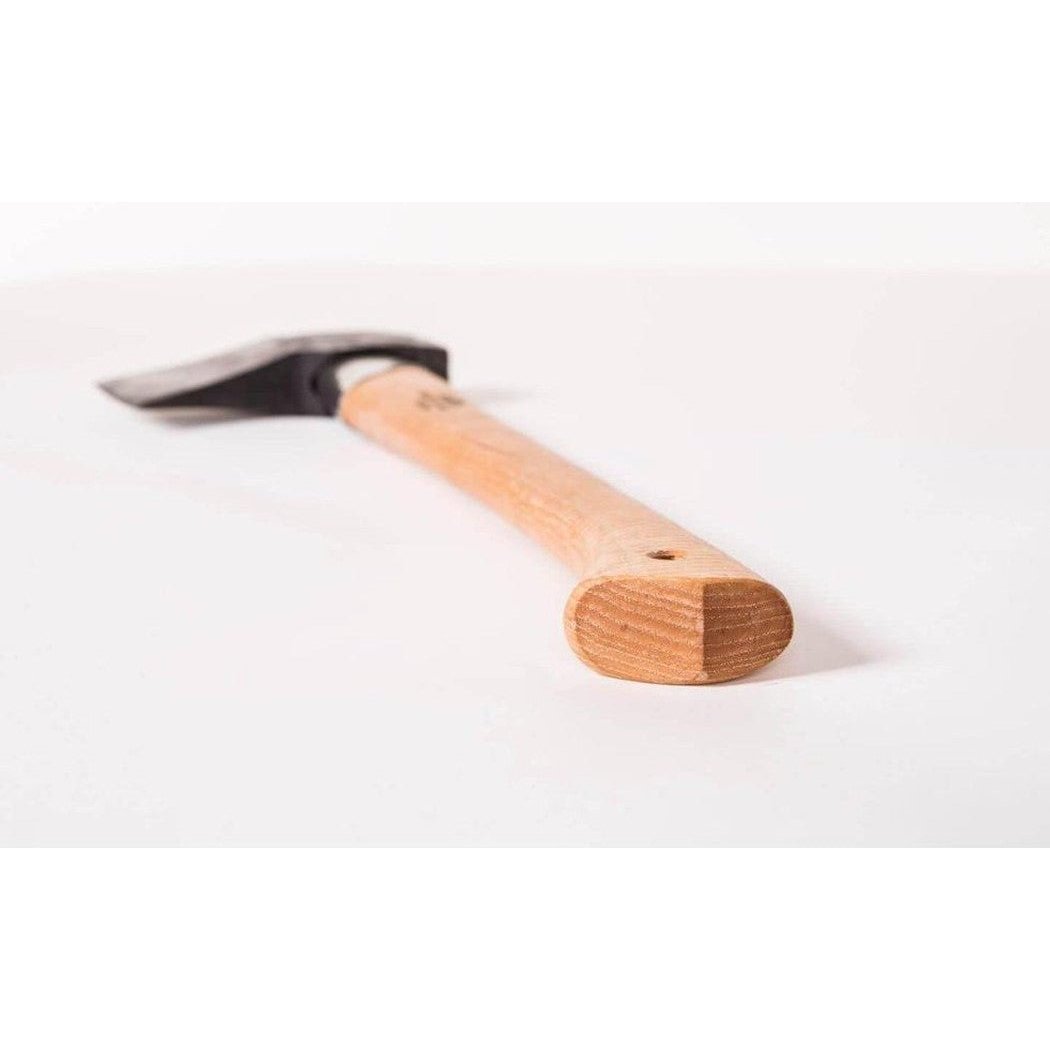 A natural wood handled Gransfors Bruk Splitting Hatchet with a charcoal colored blade lies on a white background.