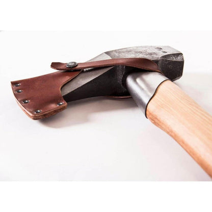 A close-up of the Gransfors Bruk Splitting Maul with its brown leather sheath and wooden handle against a white background.