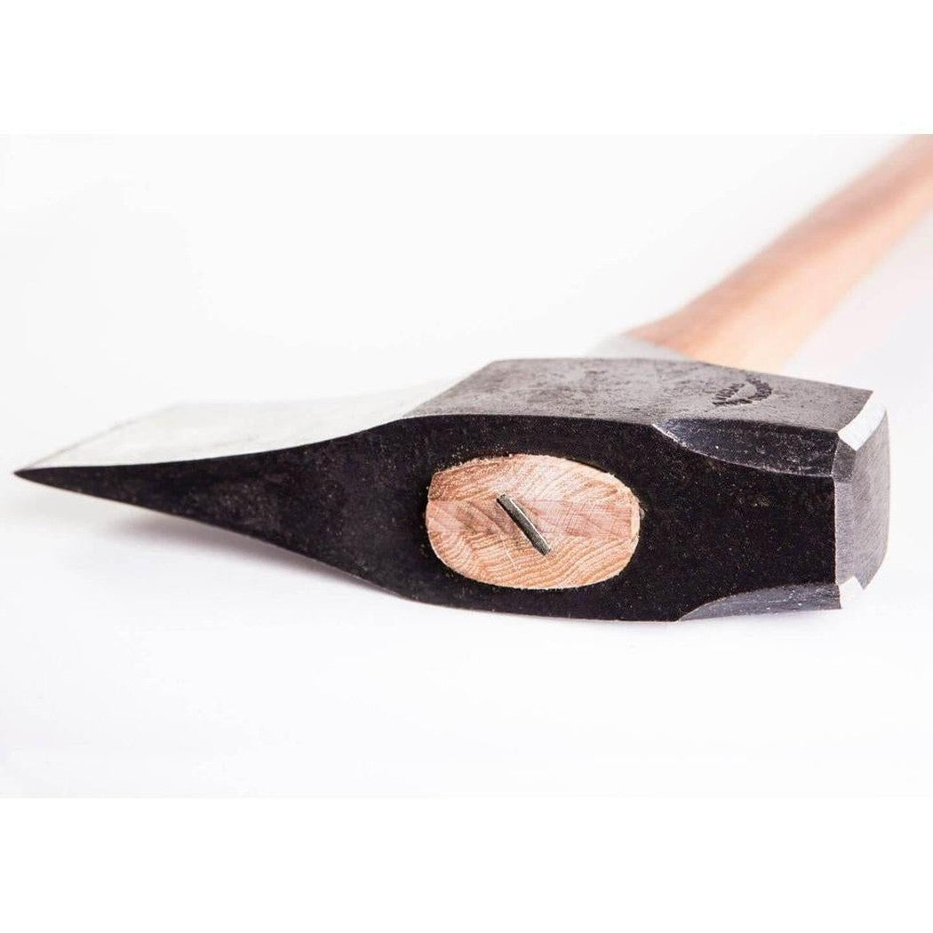 A close-up of the Gransfors Bruk Splitting Maul with a wooden handle and a black head, showing the wooden wedge and metal pin against a white background.