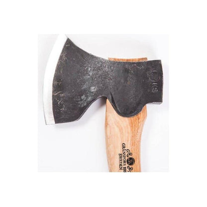A top-down view of the Gransfors Bruk Swedish Carving Axe - Double Bevel with a light wooden handle and a dark, double beveled blade against a white background.