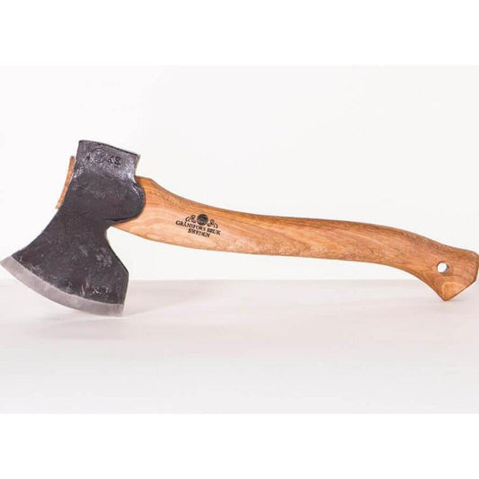 Right bevel view of the Gransfors Bruk Swedish Carving Axe with a natural wooden handle and charcoal-colored metal head against a white background.