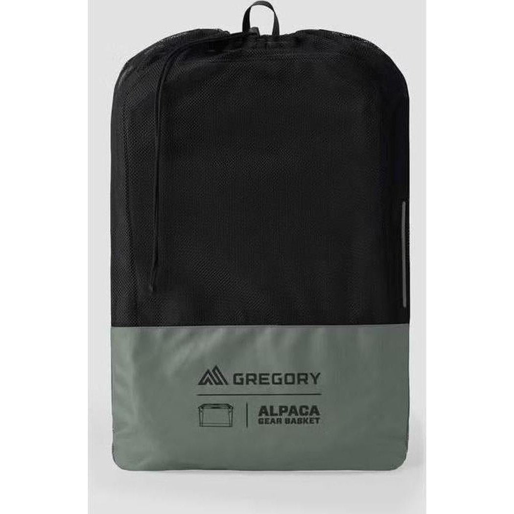 A front view of the Gregory Alpaca Gear Basket 70 in Nomad Green with the brand logo visible on the lower section.