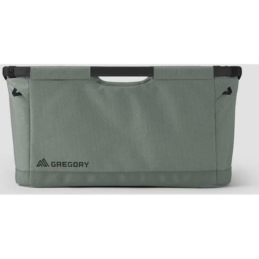 Back view of the Gregory Alpaca Gear Basket 70 in Nomad Green showing the top handle and logo against a white background.