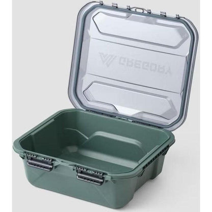 A top-down view of the Gregory Alpaca Gear Box 25 in Nomad Green with its hinged lid open, showing the interior compartments against a light gray background.