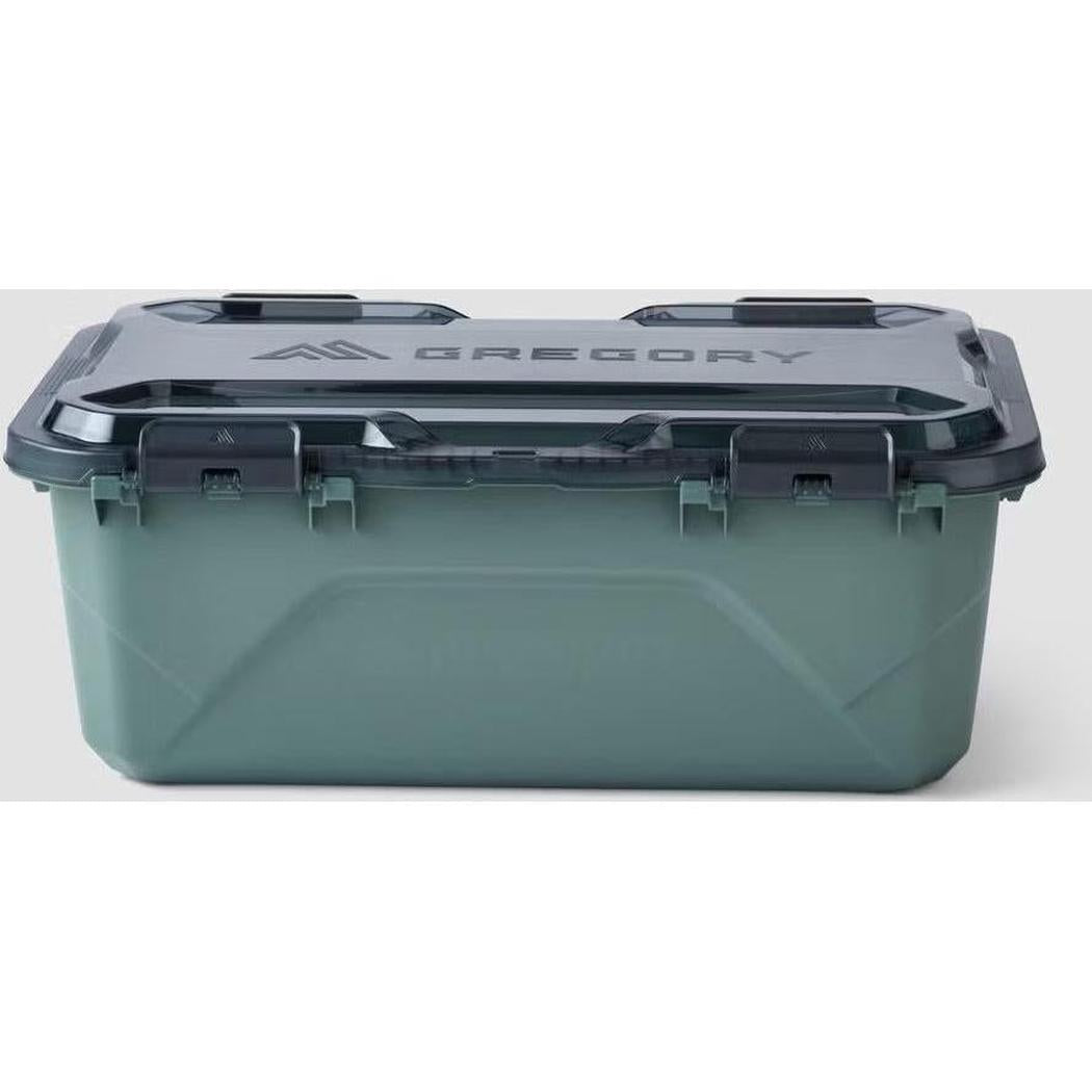 A front view of the Gregory Alpaca Gear Box 45 in Nomad Green with a dark lid and latches against a white background.