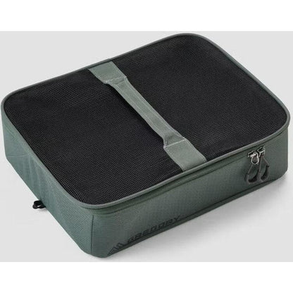 A top-down view of the Gregory Alpaca Gear Pod 10 in Nomad Green with a zippered closure and a handle strap.