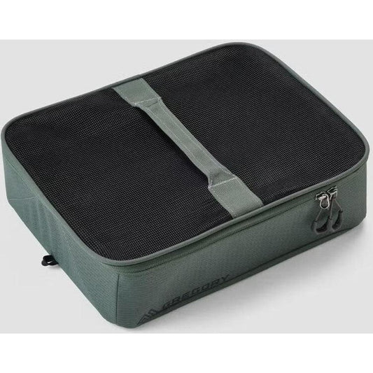 A top-down view of the Gregory Alpaca Gear Pod 10 in Nomad Green with a zippered closure and a handle strap.