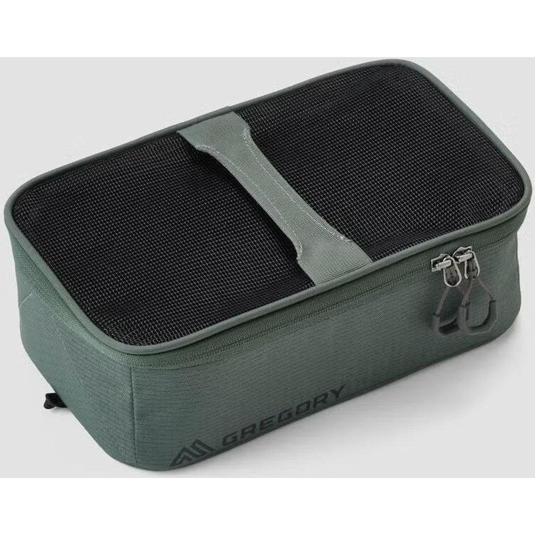 A top-down view of the Nomad Green Gregory Alpaca Gear Pod 5 with a black mesh top and zipper closure.