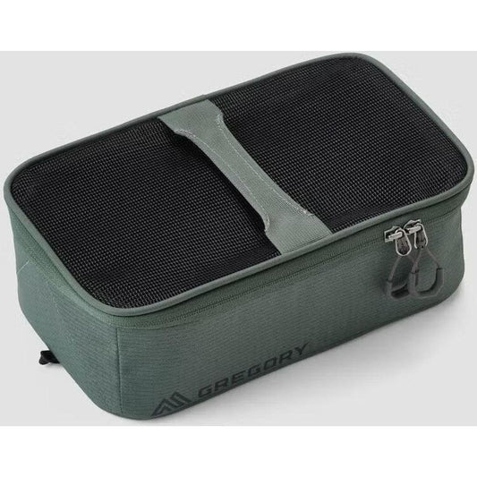 A top-down view of the Nomad Green Gregory Alpaca Gear Pod 5 with a black mesh top and zipper closure.