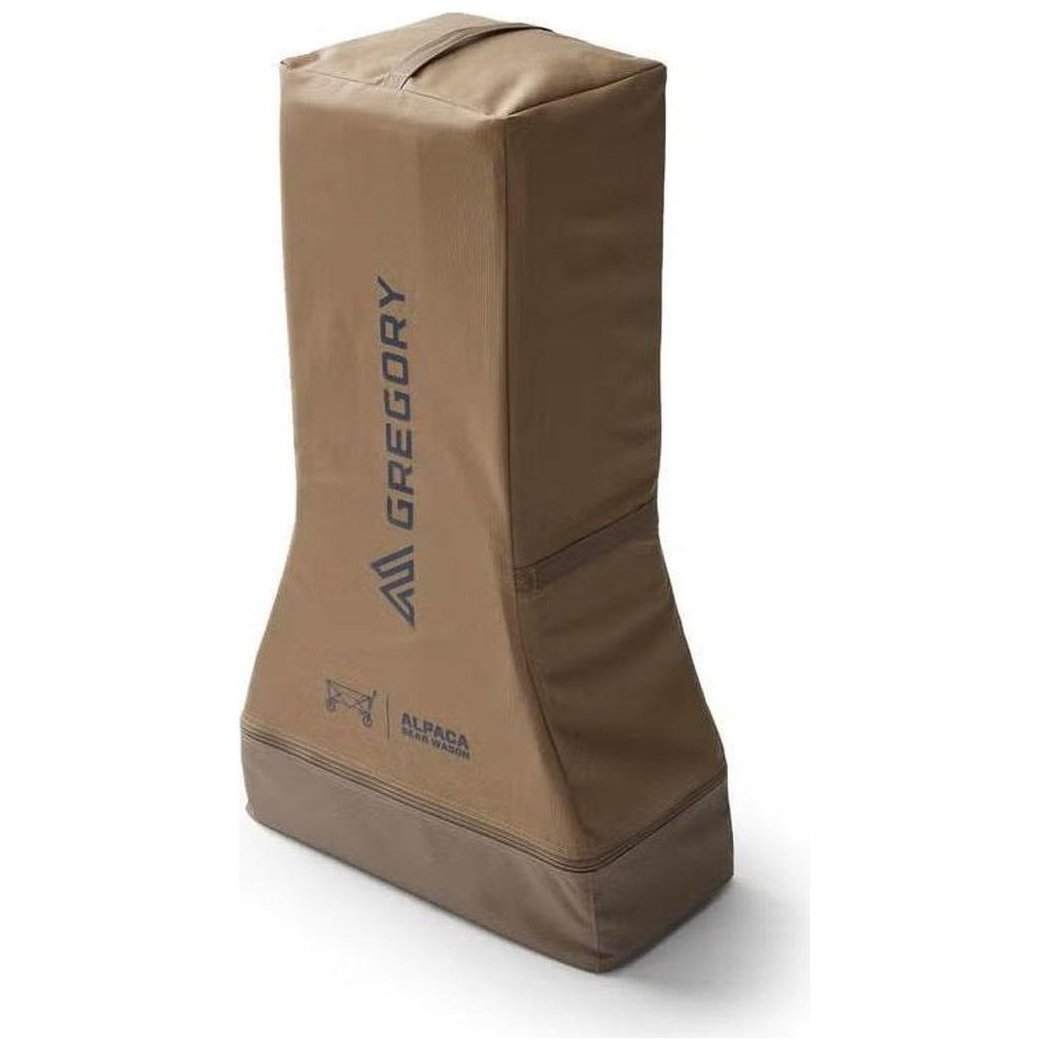 Side view of the Gregory Alpaca Gear Wagon in Mirage Tan showing the brand logo and a white background.