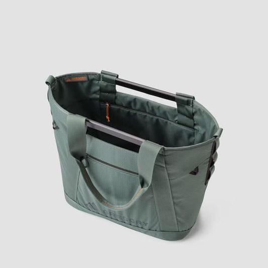 A top-down view of the Gregory Alpaca Utility Tote 50L in Nomad Green, showing the main compartment and dual shoulder straps against a plain white background.