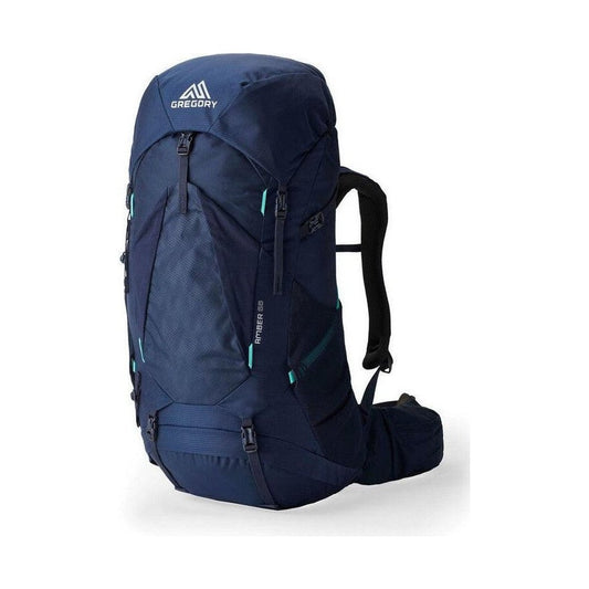 Side view of the Gregory Amber 68 Plus backpack in Arctic Navy with visible straps and zippers against a white background.