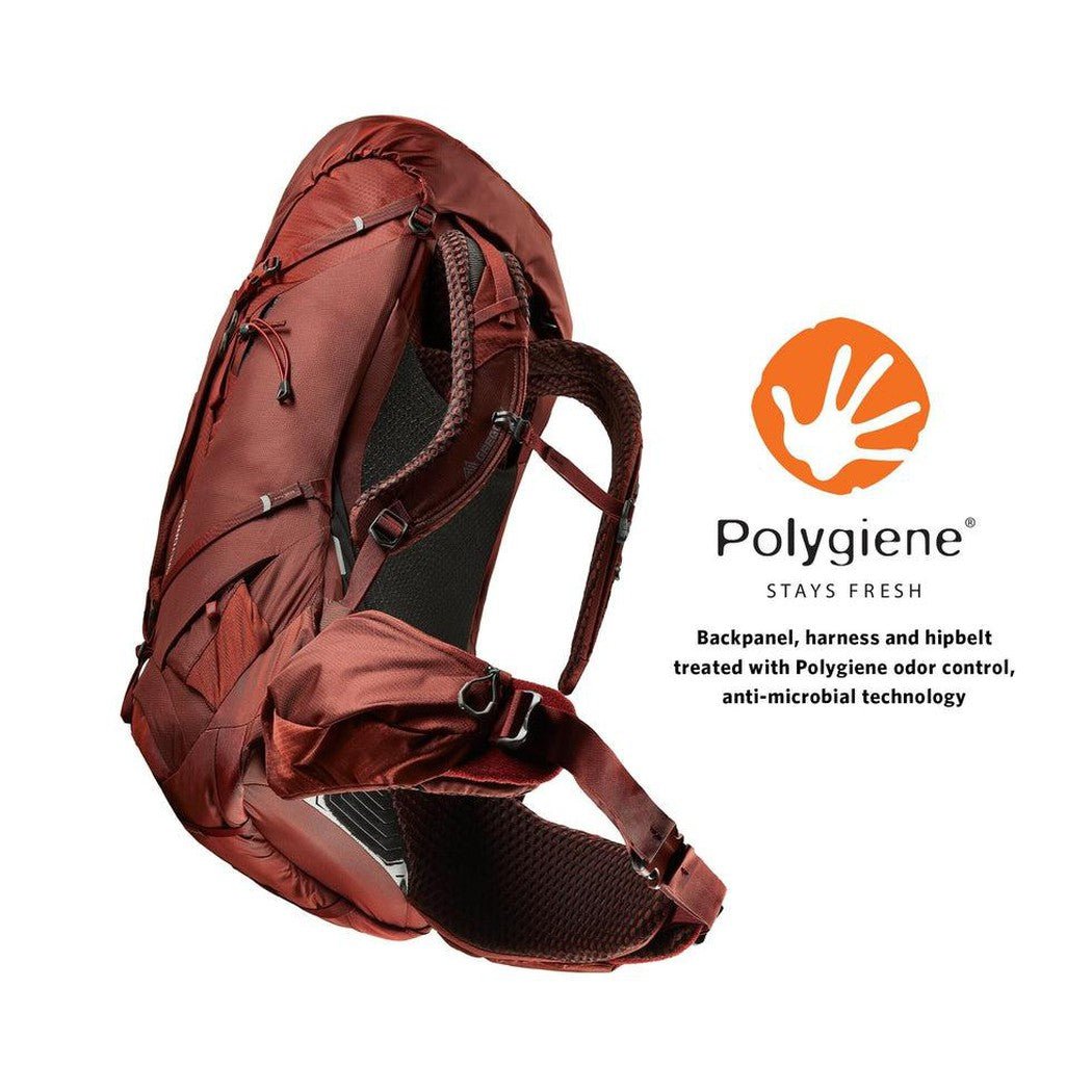 Side view of the Gregory Baltoro 65 in Brick Red showing the Polygiene logo and hipbelt against a white background.