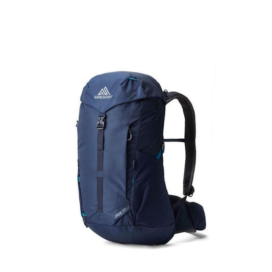 Side view of the Gregory Jade 28 LT Plus backpack in Midnight Navy with a black shoulder strap against a white background.