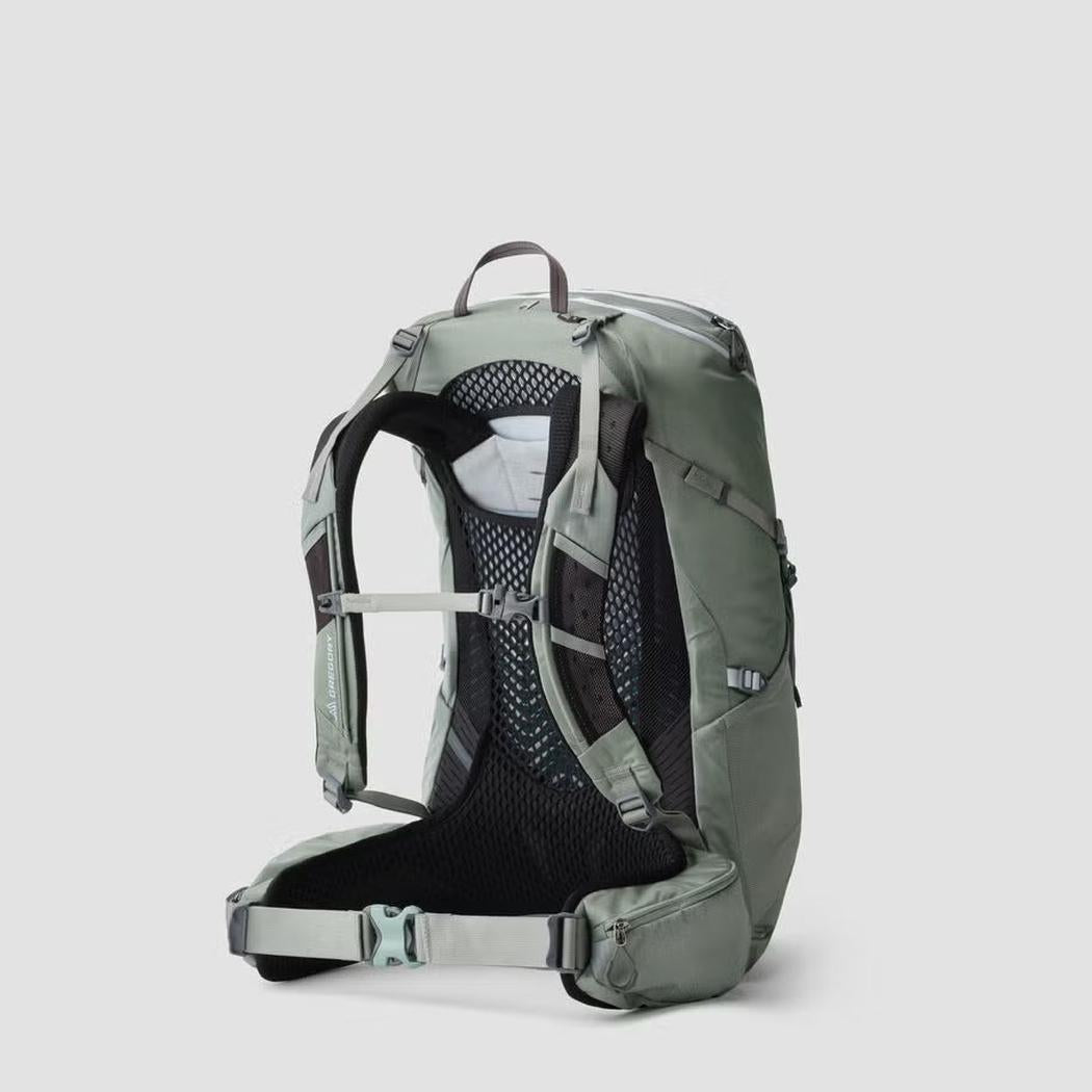 Side view of the Gregory Jade 28 backpack in Artichoke Green showing the padded back panel and hip belt against a plain background.
